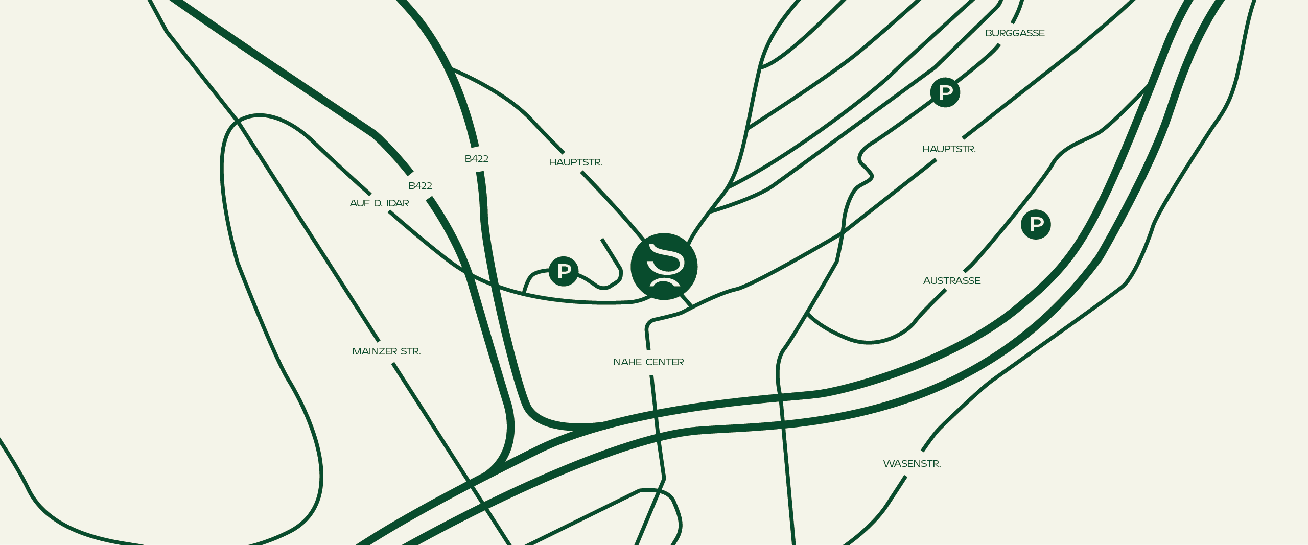 Eine Karte von der Umgebung rund um YASMILE Idar-Oberstein, eingezeichnet sind Straßennamen und Parkplätze.