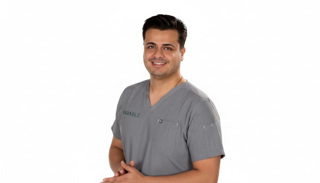 Praxisinhaber Ali Abedi steht in Praxiskleidung vor weißem Hintergrund und lächelt in die Kamera.